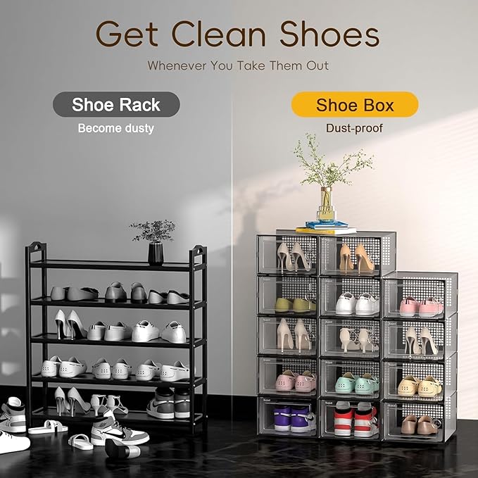 Kuject X-Large Shoe Storage Boxes Organizers Clear Plastic Stackable 12 Pack, Shoe Rack & Holder Substitute, Sneaker Containers, Toy Storage Organizer Bins for Entryway, Closet, Under Bed, Black