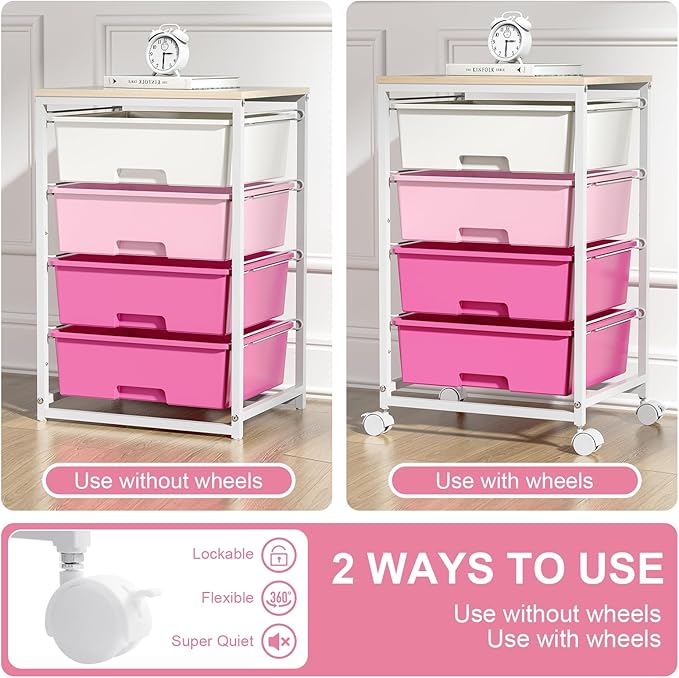 SYKIARIOL Utility-Rolling-Craft-Storage-Cart-Organizer with 4 Drawers and Wooden Tabletop, 4 Tier Drawer Cart for Home Office, Kid Room, Classroom Teacher, Dorm, Pink
