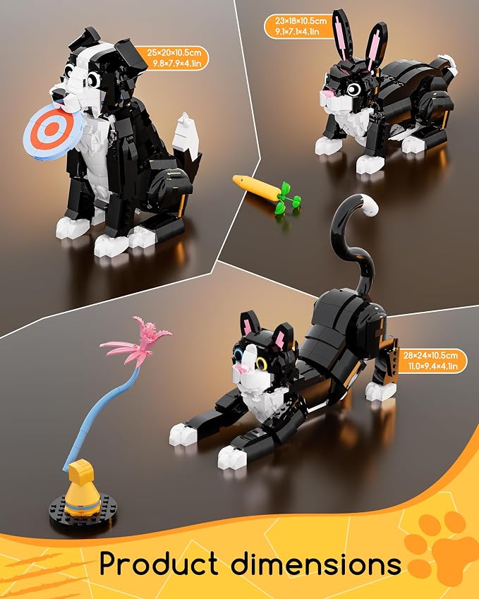 3-in-1 Tuxedo Cat Building Set, Build a Cat, Dog or Rabbit, Creative Building Toy for Kids & Animal Lovers, Birthday Gift for Girls and Boys Ages 8+