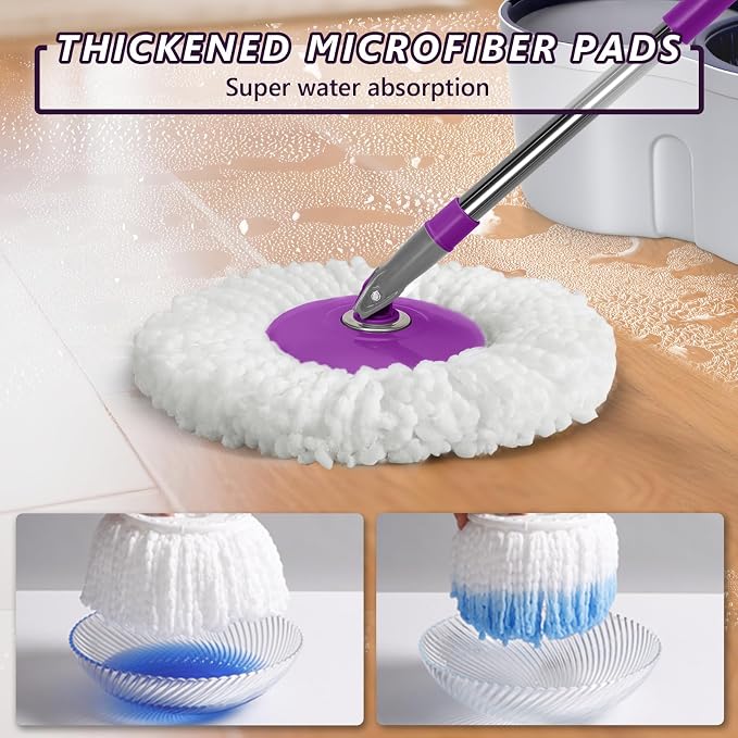 Masthome Spin Mop and Bucket with Wringer Set with 3 Reusable Pads & Heavy Duty Broom with Hard Bristles