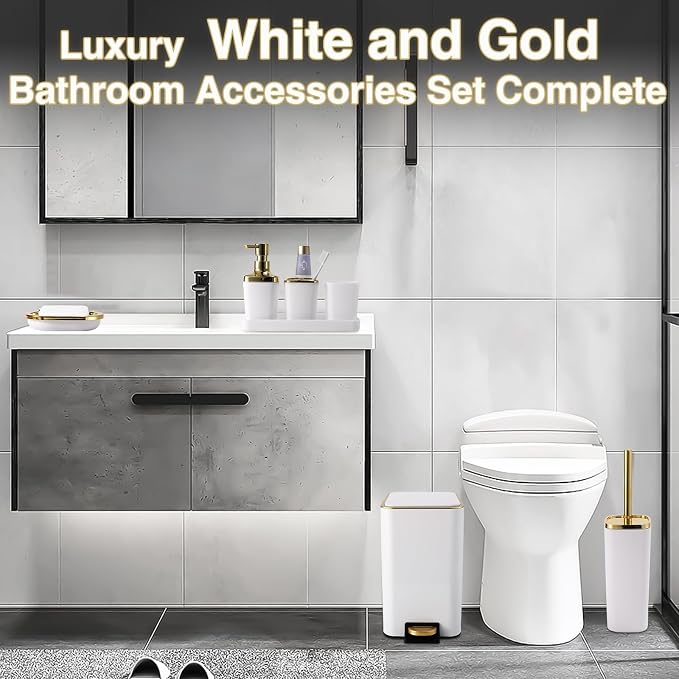 XLHOMO White Bathroom Accessories Set 8 Piece White and Gold Bathroom Set, Bathroom Sets with Stainless Steel Trash Can,Toilet Brush,Toothbrush Set,Soap Dispenser