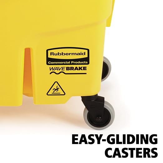 Rubbermaid Commercial Products WaveBrake 35 Qt. Side-Press Mop Bucket and Wringer Combo on Wheels Yellow for Professional/Industrial/Business Heavy-Duty Floor Cleaning/Mopping
