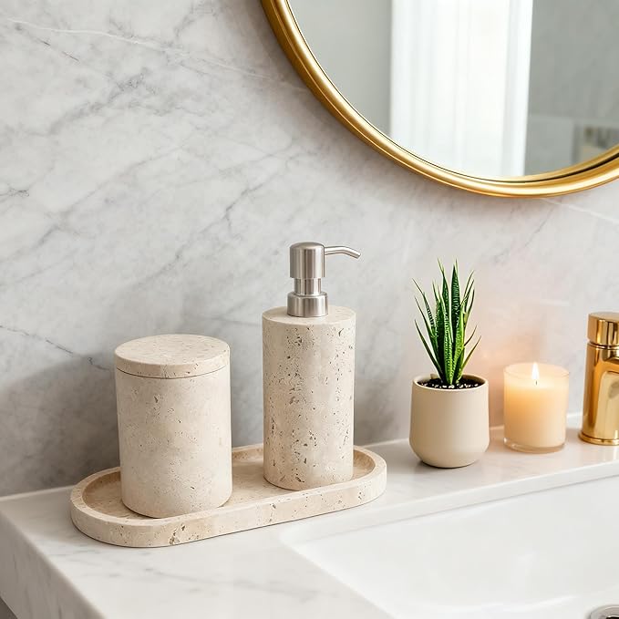 Natural Travertine Marble Soap Dispenser with Stainless Steel Pump, Marble Lotion Liquid Soap Bottles for Kitchen Bathroom