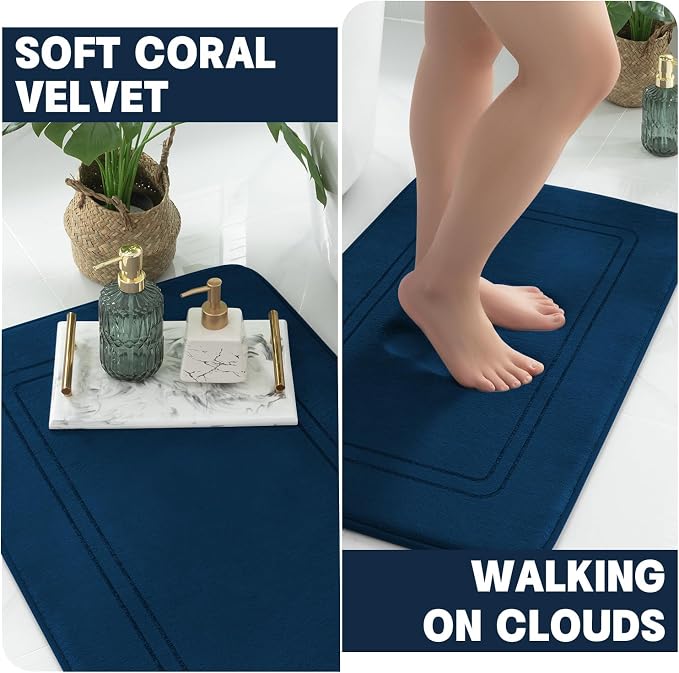 YIHOUSE Memory Foam Bath Mat Set, Bathroom Rugs Sets 2 Pieces, Non Slip Bath Mats for Bathroom, Super Soft and Water Absorbent Bath Rug Set, Machine Washable U Shape Toilet Rug,Dark Blue