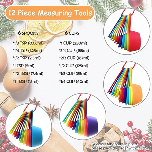 12 Piece Measuring Cups and Spoons Set, Colored Kitchen Measure Tools, Durable Nesting Cups and Spoons for Dry and Liquid, Dishwasher Safe