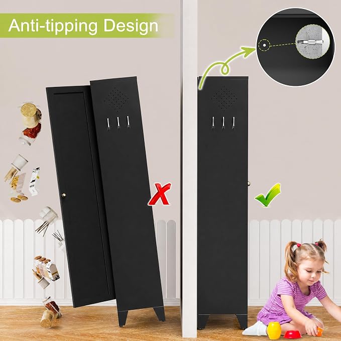 AQY Metal Pantry Cabinet, 75" Black Kitchen Storage Cabinet with Doors | 5 Adjustable Shelves Ventilated Metal Cabinet Hanging Hooks Freestanding Kitchen Storage