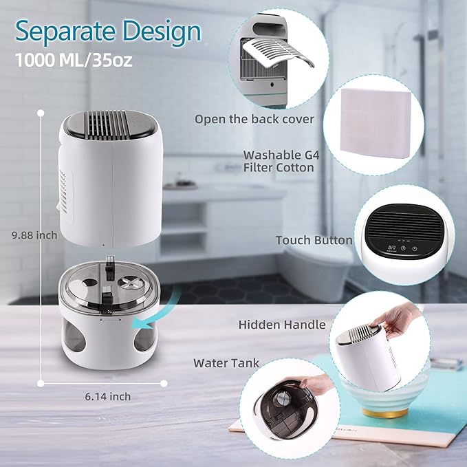 Small Dehumidifiers for Bedroom w/Air Purifying Function, 1000 ml/35 oz for 2500 Cubic Feet (260 sq ft) with 7 Colorful LED Lights Timer Set Negative Ions Below 30 dB, Auto Shut-Down