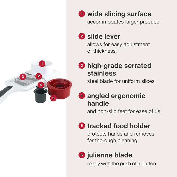 Zyliss Easy Control Handheld Slicer - Vegetable Slicer & Chopper - Fruit Cutter - Handheld Slicer with Two Stainless Steel Blades - Dishwasher Safe - White/Red, 13 inches