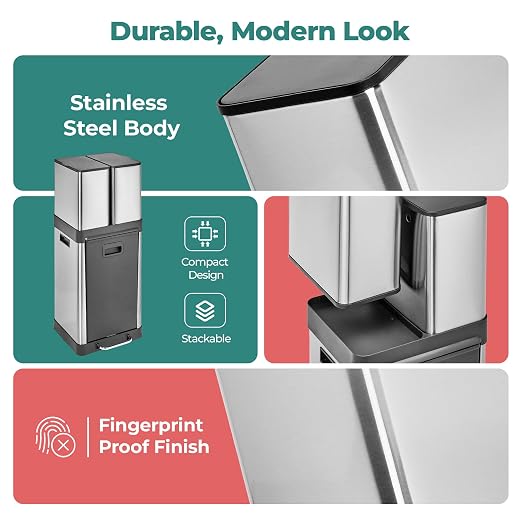 HOLDN’ STORAGE 32L Triple-Compartment Trash & Recycling Bin for Kitchen, 2 Removable Hook-On Bins, Multi-Access Opening, Odor Control, Stainless Steel, 3 Trash Bag Rolls Included
