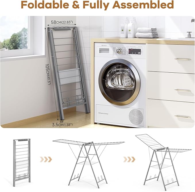 6 Height Adjustable Clothes Drying Rack with Shoe Slots, Grey | Pre-Assembled, Stable Load Structure, 22 Drying Rails, Foldable Space-Saving For Efficient Indoor & Outdoor Airflow Drying