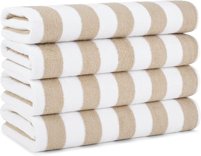 Arkwright California Cabana Stripe Beach Towel - Pack of 4, Large Soft Quick Dry 100% Cotton Terry Towels Set for Pool, Swim, and Hot Tub, Oversized 30 x 70 in, Beige