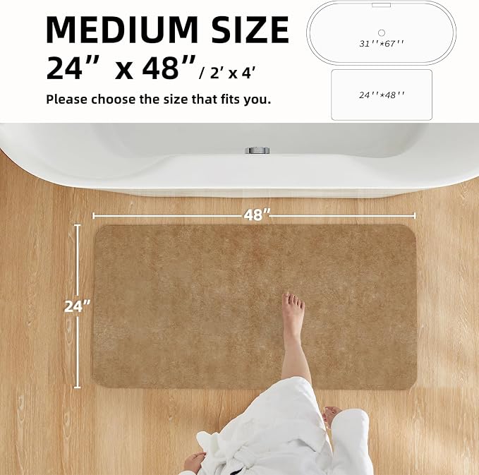 TYUU Bathroom Mat Quick Dry, Bathroom Rugs Non Slip Washable Thin Absorbent Bath Mat Fits Under Door Bathroom Floor Mat Perfect for Bath, Shower, or Sink 24"x48" Camel