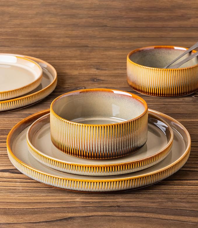 TheTerra Ceramic Dinnerware Sets for 6, 18 Pieces Porcelain Lightweight Plates and Bowls Sets, Scratch Resistant Dish Set, Oven & Microwave & Dishwasher Safe, Creamy Amber