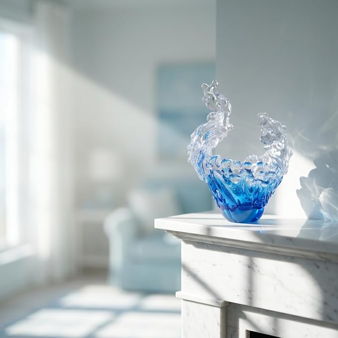 suruim Hand Blown Glass Wave Sculpture Figurines Blue and Clear Art Glass Bowl for Home Decor, Sea Glass Figurine, Nautical Sea Glass Decorations, Multipurpose Storage for Keys, Jewelry, Candy