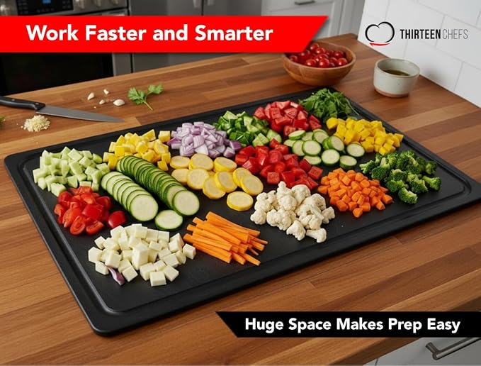 Thirteen Chefs Extra Large 30 x 18 Inch Grooved Cutting Board - Carving Meat, BBQ, Fish, Meat and Game – 1/2 Inch Thick Black HDPE Plastic, 10 pounds