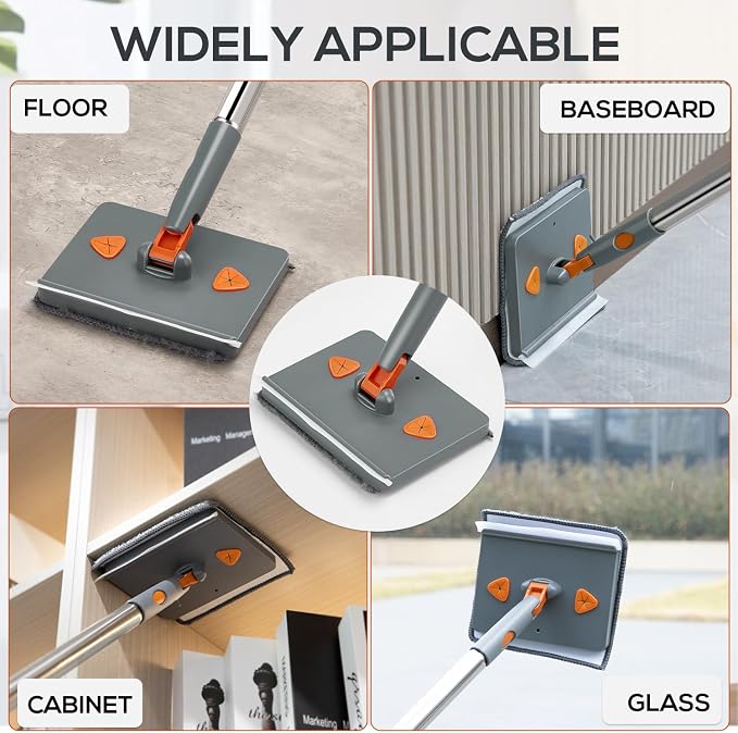 Base Board Cleaner Tool,Wall Cleaning Mop with 360° Rotation, 180° Folding Ceiling Duster Tool , Adjustable Long Handle for Effortless Walls, Window,Floor - 8 Replacement Cleaning Pads