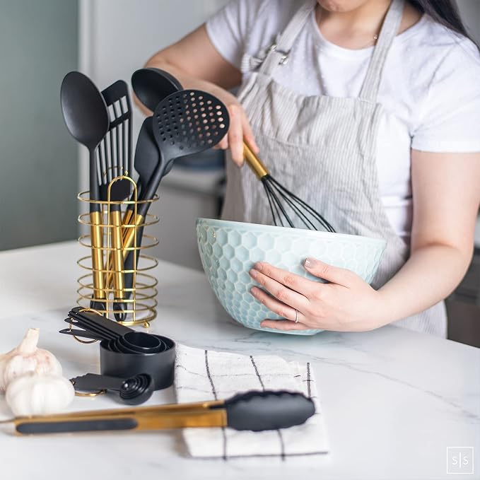 Black and Gold Kitchen Utensils Set with Stainless Steel Holder – 18-Piece Nylon Cooking Utensils with Measuring Cups and Spoons – Stylish Gold Kitchen Accessories for Baking and Cooking