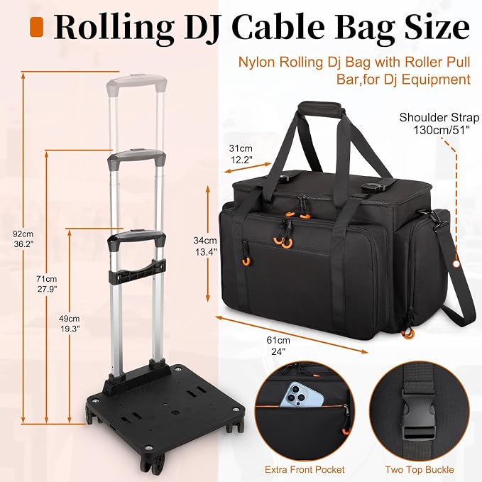 Rolling Dj Cable Bag with Laptop and Microphone Pocket, Dj Bag for Equipment and Music Accessories with Detachable Dividers, Bottom Pad, Dj Gig Bag for Musicians, Professional, Travel, Orange