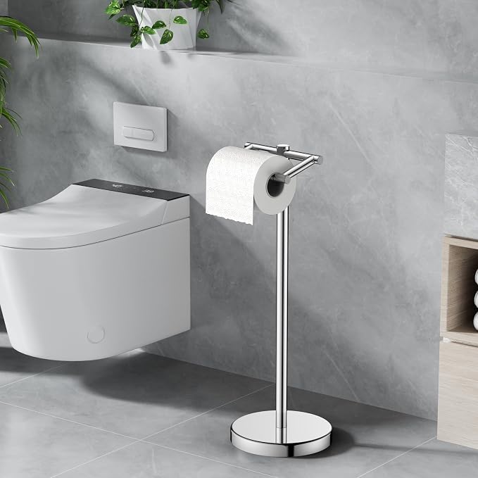 FORIOUS Toilet Paper Holder Wall Mount, Stainless Steel Rustproof Double Post Pivoting Tissue Roll Holder for Bathroom, Commercial Toilet Paper Dispenser Freestanding Toilet Paper Stand, Chrome