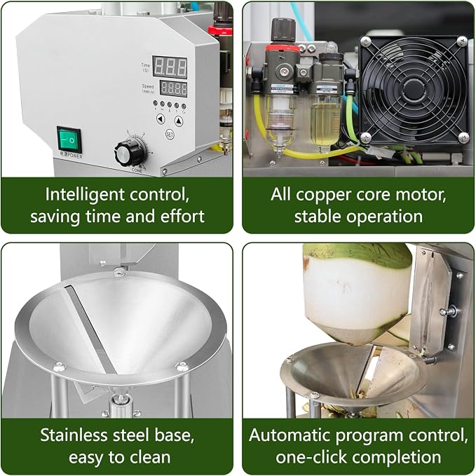 Automatic Coconut Shelling Trimming Machine with Integrated Coconut Opener High Capacity 1 PCS/6-10s Peeler Coconut Cutter Tool for Efficient Skin Removal & Top Trimming, 800W,Need to Connect Air Pump