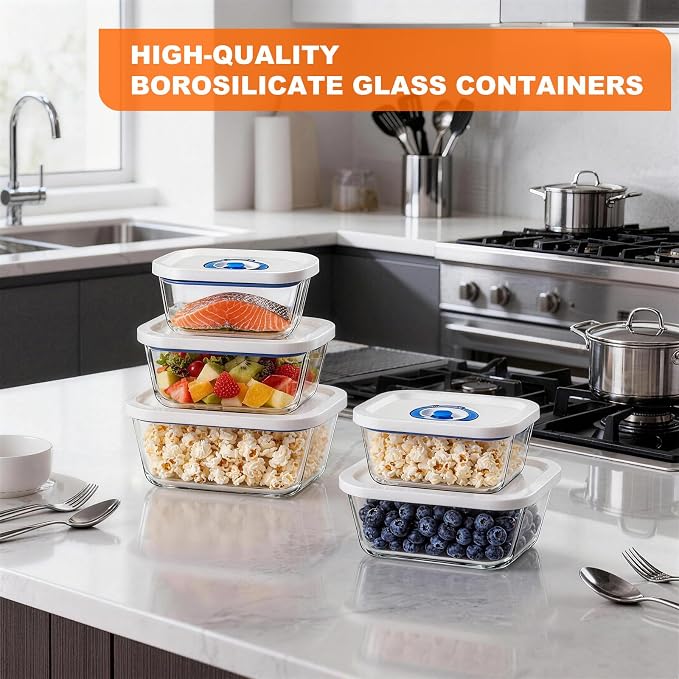Vacuum Seal Borosilicate Glass Containers for Food Storage, 4 Sizes (S M L XL) Compatible with Desktop and Handheld Vacuum Sealer Machines, Airtight Lid Set