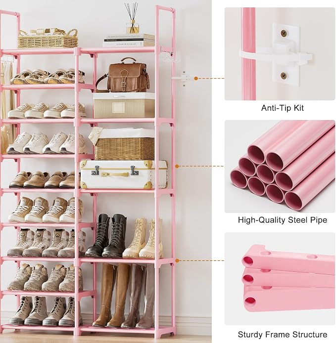 WOWLIVE 9 Tiers Large Shoe Rack White Shoe Rack Organizer for Closet 50-55 Pairs Stackable Heavy Duty Shoe Shelf Shoe Storage with Metal Pipes Plastic Pink