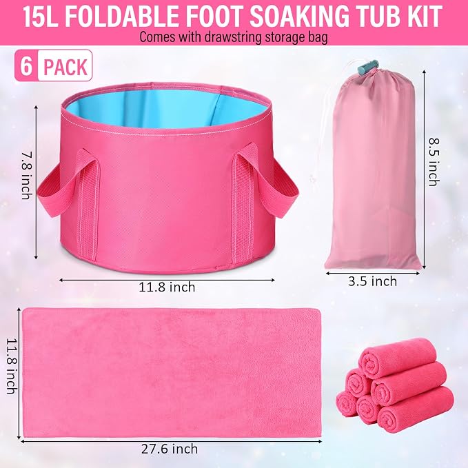 FillTouch 12 Pcs 15L Foldable Foot Soaking Tub Kit Portable Foot Bath Tub Foldable Foot Basin Bath Foot Tub for Soaking Feet with Towel and Storage Bag Soak Spa Bucket for Travel Camping(Rose Red)