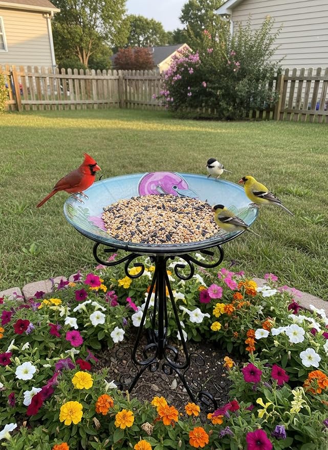 Large Glass Bird Bath with Metal Stand, Flamingo | 18" Wide Bowl, 3.2" Bathing Depth, Thick Glass Construction, Stable 3-Leg Base, Easy Clean Surface, Garden Decor