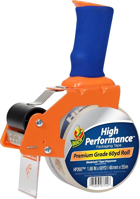 Duck High Performance Clear Packing Tape with BladeSafe Dispenser –Tape Gun with HP260 Strong Packaging Tape for Shipping,Moving, Mailing & Boxes-3" Core, 1.88" x 60 Yards, Clear (1078566)(Pack of 6)