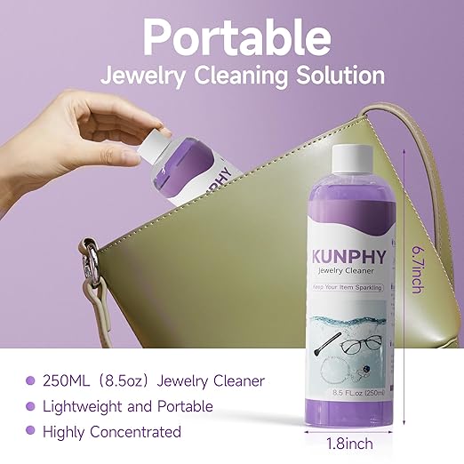 Upgraded KUNPHY Jewelry Cleaner, New Plant Formula for All Ultrasonic Cleaners, Enhanced Cleaning Effect, Multi-Purpose Glasses Cleaner for Silver, Gold, Rings, Diamond and Eyeglass(8.5 oz, 250 ml)