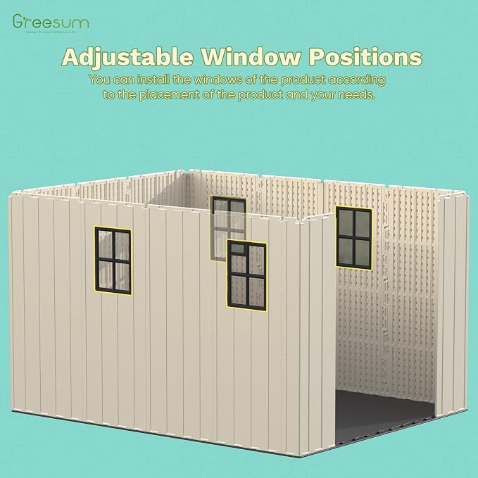 Greesum 8x12FT Plastic Outdoor Storage Shed with Floor, Resin Sheds with Window and Lockable Door, Easy Assembly, HDPE Kick-it Shed for Garden, Lawn, Backyard, Beige