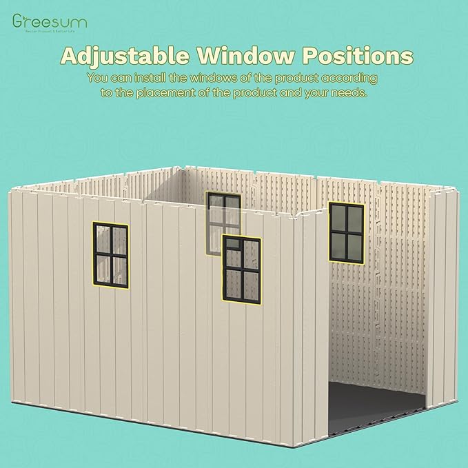 Greesum 8x10FT Plastic Outdoor Storage Shed with Floor, Resin Sheds with Window and Lockable Door, Easy Assembly, HDPE Kick-it Shed for Garden, Lawn, Backyard, Beige