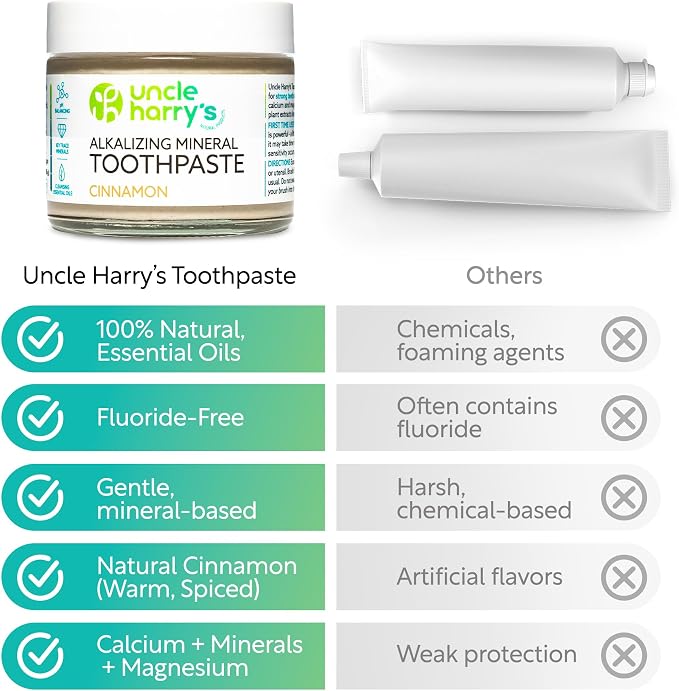 Uncle Harry's Cinnamon Remineralizing Toothpaste | Natural Whitening Toothpaste Freshens Breath & Promotes Enamel | Vegan Fluoride Free Paste (4 Pack)