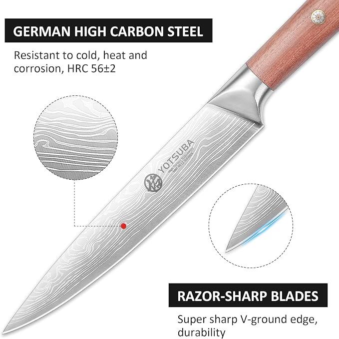 YOTSUBA Japanese Carving Knife and Fork Set, Razor-Sharp German Stainless Steel, Full Tang Ergonomic Rosewood Handle, Slicing Knife for Meats, BBQ & Brisket, Premium Gift