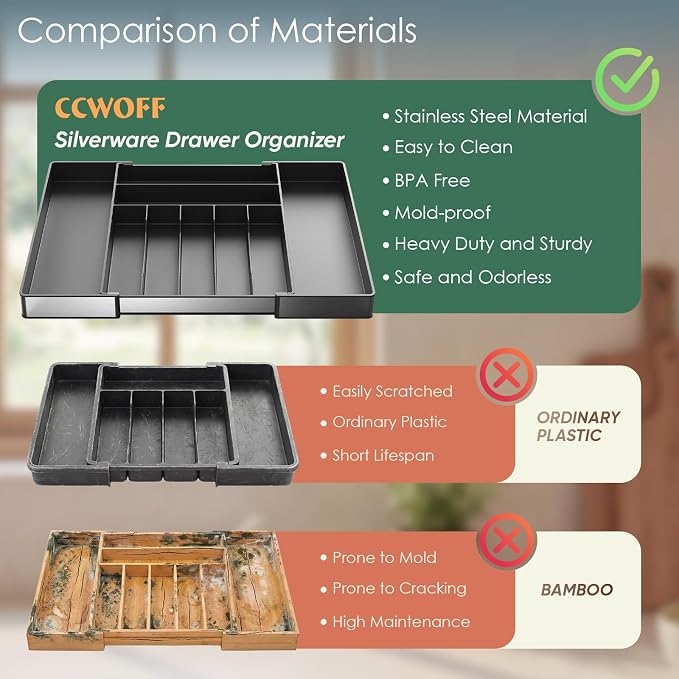 Extra Large Silverware Organizer, 9 Slot Expandable Kitchen Drawer Organizer, Utensil Holder, Heavy Duty Stainless Steel Frame Silverware Drawer Organizer, 8 Non-Slip Feet Included, BPA Free, Black