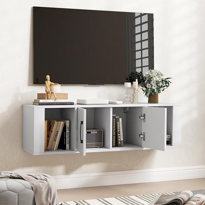Giantex Wall Mounted Storage Cabinet 2 Cube Floating Media Hanging Desk W/2 Doors and 2 Open Shelves, Home Office Furniture for Kitchen, Bathroom, Living Room Floating Console Hutch (White)