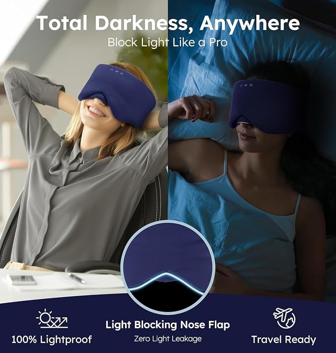 Luxury Bluetooth 5.4 Sleep Mask for Adults - Ice Fiber Cooling & HD Sound, 100% Light Blocking Adjustable Eye Cover for Travel & Side Sleepers - Soft Sleep Headphones with 10H Playtime (Blue)