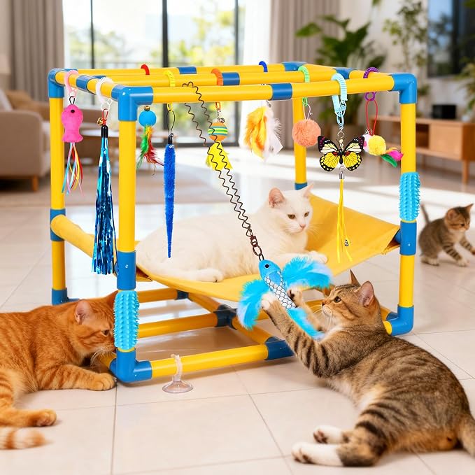 Cat Jungle Gym With Hanging Interactive Toys,Hammock Cat Activity Center For Kittens With Cat Self Groomer,Removable PVC Frame With Colored Spring Rope, Cat Enrichment Toys For Bored Indoor Adult Cats