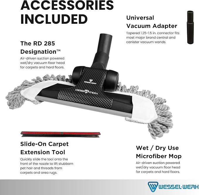Wessel RD 285 Designation 3-in-1 Floor Brush Set, Pet Hair & Mop Tools | Includes slide-on pet hair/lint remover, microfiber wet/dry mop & universal adapter; ultra-thin dual-surface nozzle