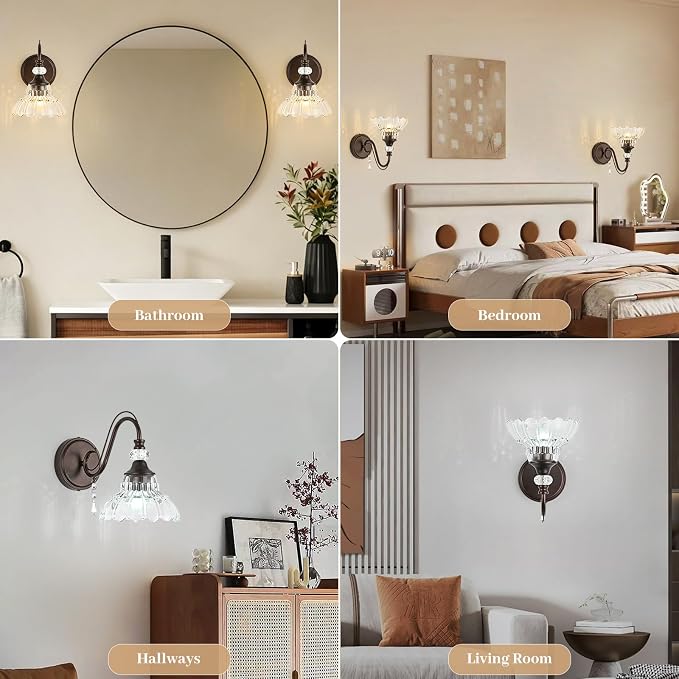 1 Piece Oil Rubbed Bronze Finish Wall Sconce, 1-Light Modern Wall Sconce with Hanging Crystal Accents and Flower-Shaped Clear Shades for Bathroom Bedroom Living Room,Modern Vanity Light