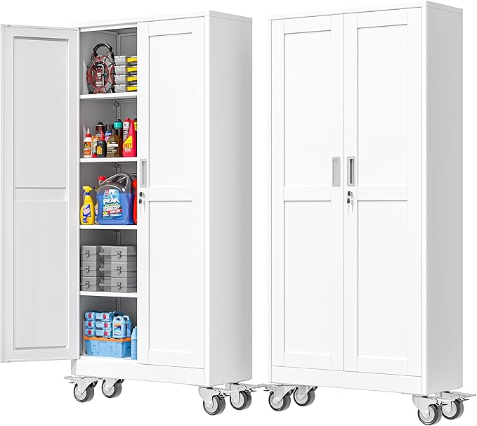 PAOFIN 71''H Tall Metal Garage Storage Cabinet with Wheels,Steel File Cabinets with 2 Doors and 4 Adjustable Shelves for Home Office, Warehouse, Required Assembly,White