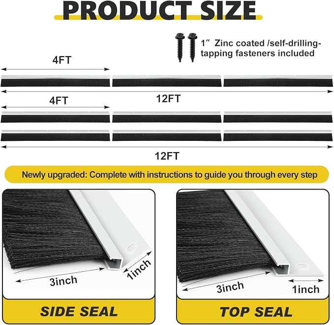 DoubleFill 12 x 12 ft Garage Door Brush Seal Kit, 3 Inch Roll up Door Seal with Aluminum Track, Heavy Duty Nylon Brush for Commercial Doors, Warehouse Barn, Energy Saving, Pest Proof, Black