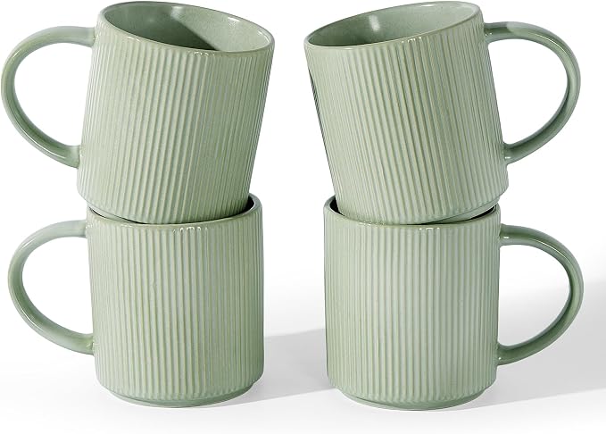 famiware Coffee Mug Set for 4, Star 16 oz Catering Mugs Cup Set with Handle for Coffee, Tea, Cocoa, Milk - Ceramic Stoneware Drinkware Set, Matte Green