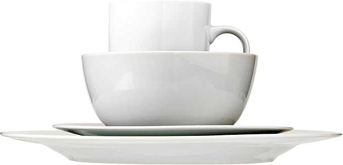 Amazon Basics 16-Piece Porcelain Dinnerware Set, Microwave and Dishwasher Safe, Service for 4, Plates, Bowls and Mugs, White