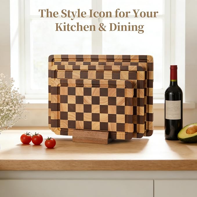 Checkered Cutting Board Set for Kitchen - 3 PCS Wood Checkerboard End Grain Chopping Board with Holder & Juice Groove, Wooden Cutting Boards for Meat, Vegetables, Fruits (S, M, L)