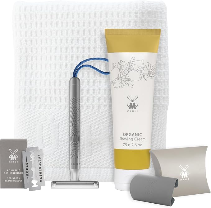 MÜHLE Companion 5-Piece Shaving Set - Unisex Safety Razor with Grey Cord, Blade, Cream, Cloth - Vegan, Sustainable