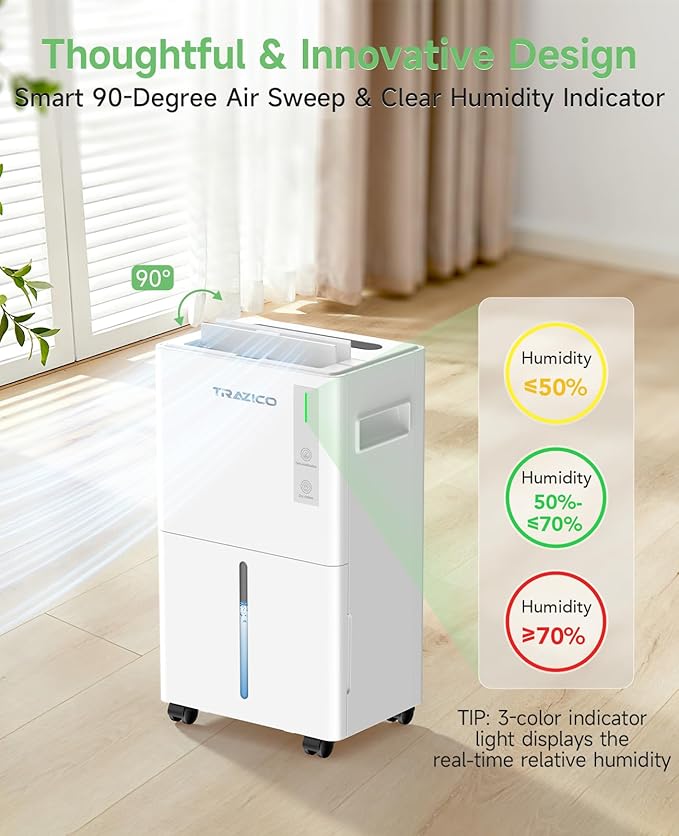 1500 Sq.ft Dehumidifier for Basement, Trazico Max 21 Pint/Day Dehumidifiers for Home, Large Room, Bedroom with Drain Hose, Quiet Smart Humidity Control, 3 Modes, 24H Timer, Auto Defrost