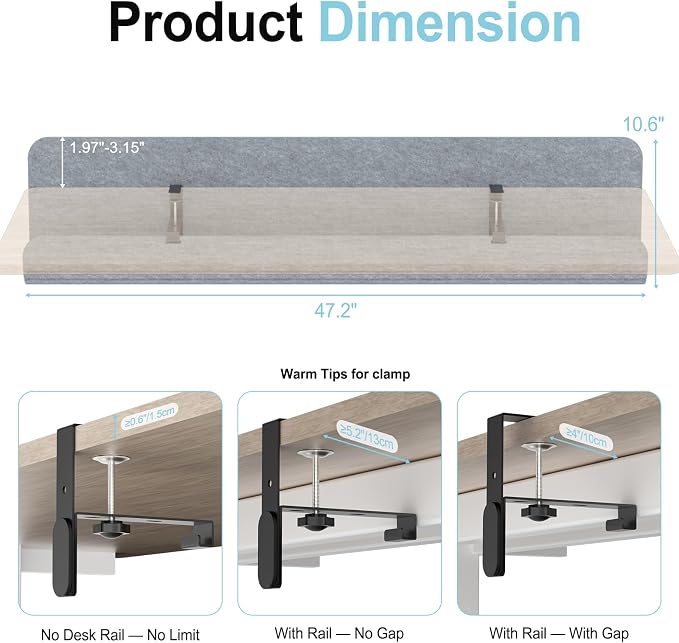 Under Desk Cable Management Tray, 47.2" Felt Cord Organizer with No Drill Clamp or Screw Mount, Hidden Wire Management for Power Strips & Cables, Cable Tray Under Desk for Home Office