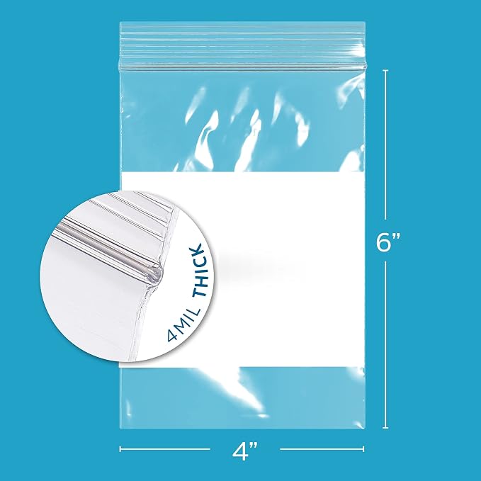 GPI - 4" x 6" - Bulk Pack of 200, 4 Mil Thick, Heavy Duty, Clear Plastic Reclosable Zip Bags, With Write-on White Block for Labeling, Strong & Durable Poly Baggies With Resealable Zipper Top Lock.