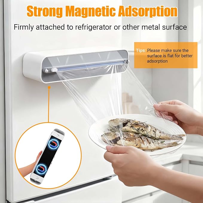 Magnetic Plastic Wrap and Foil Dispenser with Cutter, Upgrade Large Size Fits Max 12.8In x 984Ft Cling Film, Adhesive Wall Mounted Aluminum Foil and Wrap Organizer Holder for Kitchen